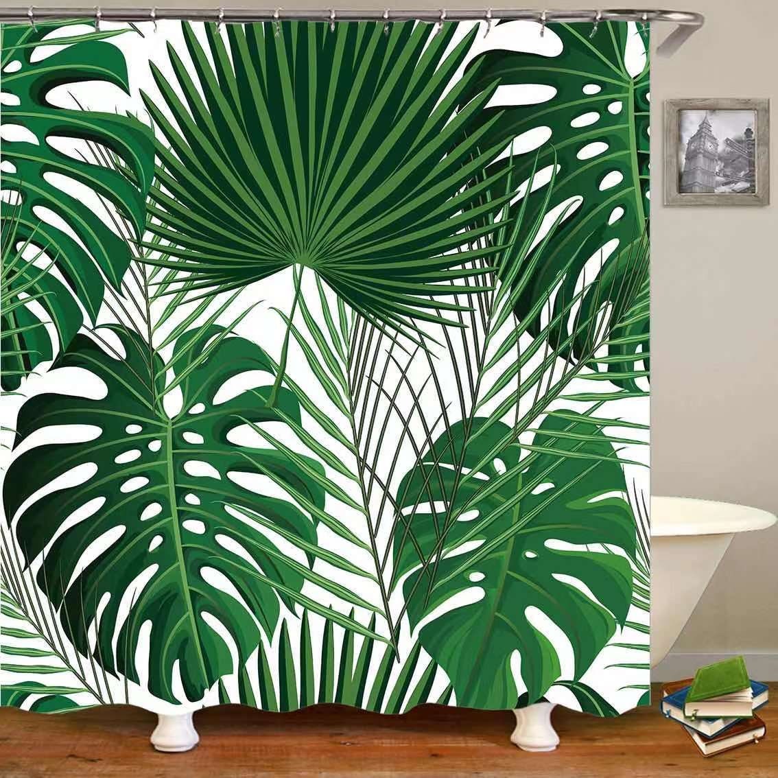 Colorful Waterproof Shower Curtain with Palm Leaves and Mosaic Tiles Print