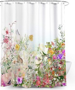 Colorful Wildflower Blossom Butterflies Shower Curtain, For A Cheerful Spring Bathroom 