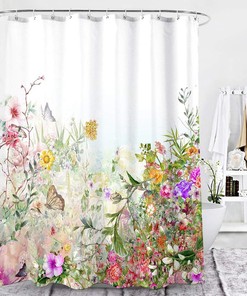 Colorful Wildflower Blossom Butterflies Shower Curtain, For A Cheerful Spring Bathroom