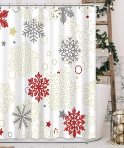 Colorful Winter Snowflakes Christmas Shower Curtain with Holiday Decor and Red Grey Snowflake Xmas Bathroom Design