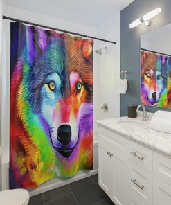 Colorful Wolf and Dog Bathroom Shower Curtain for Unique Decor