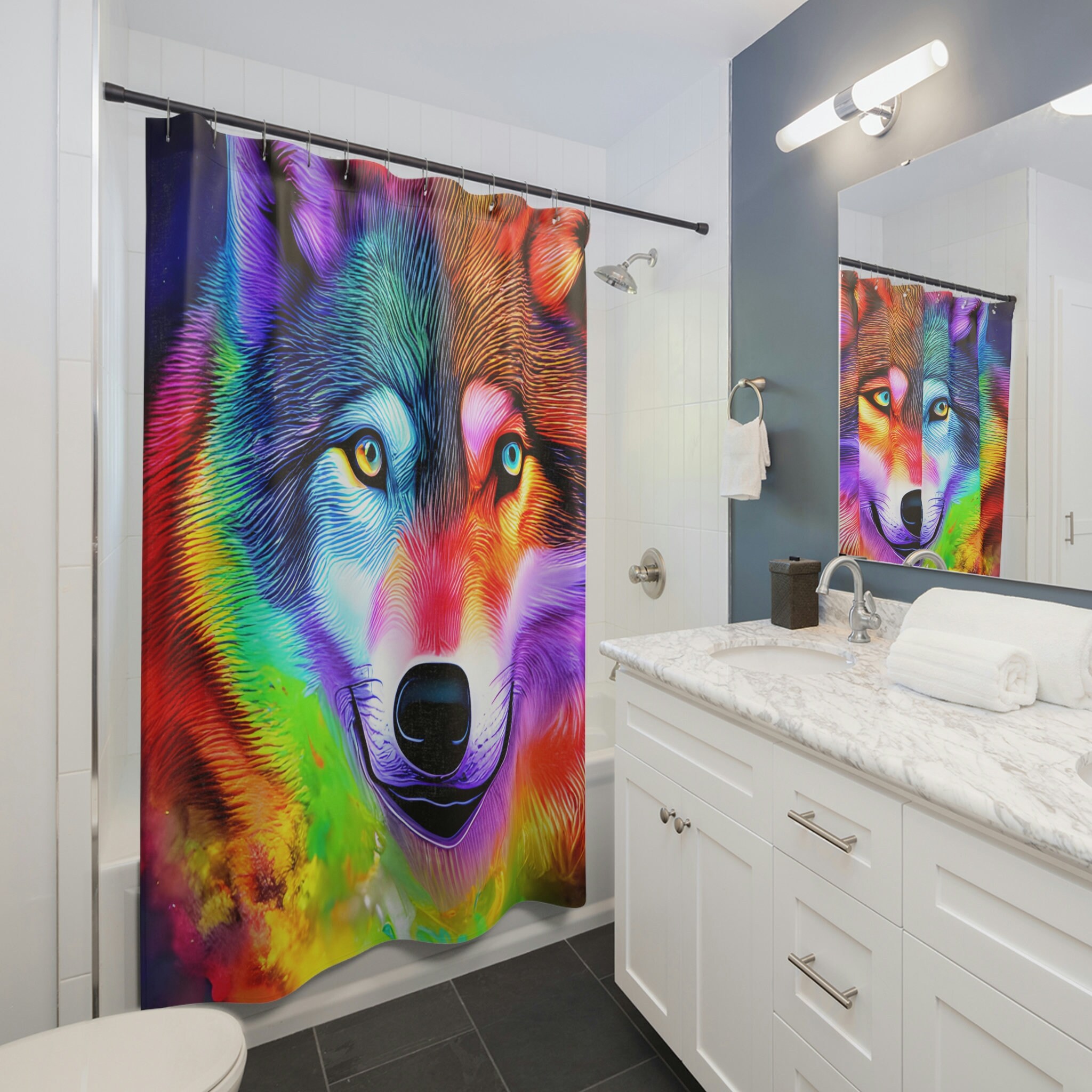Colorful Wolf and Dog Bathroom Shower Curtain for Unique Decor