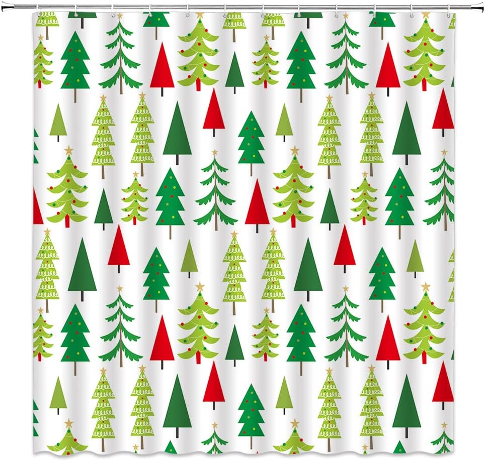 Colorful Xmas Trees Snowflake Shower Curtain, Christmas Bathroom Decor with Happy Winter Holiday Theme