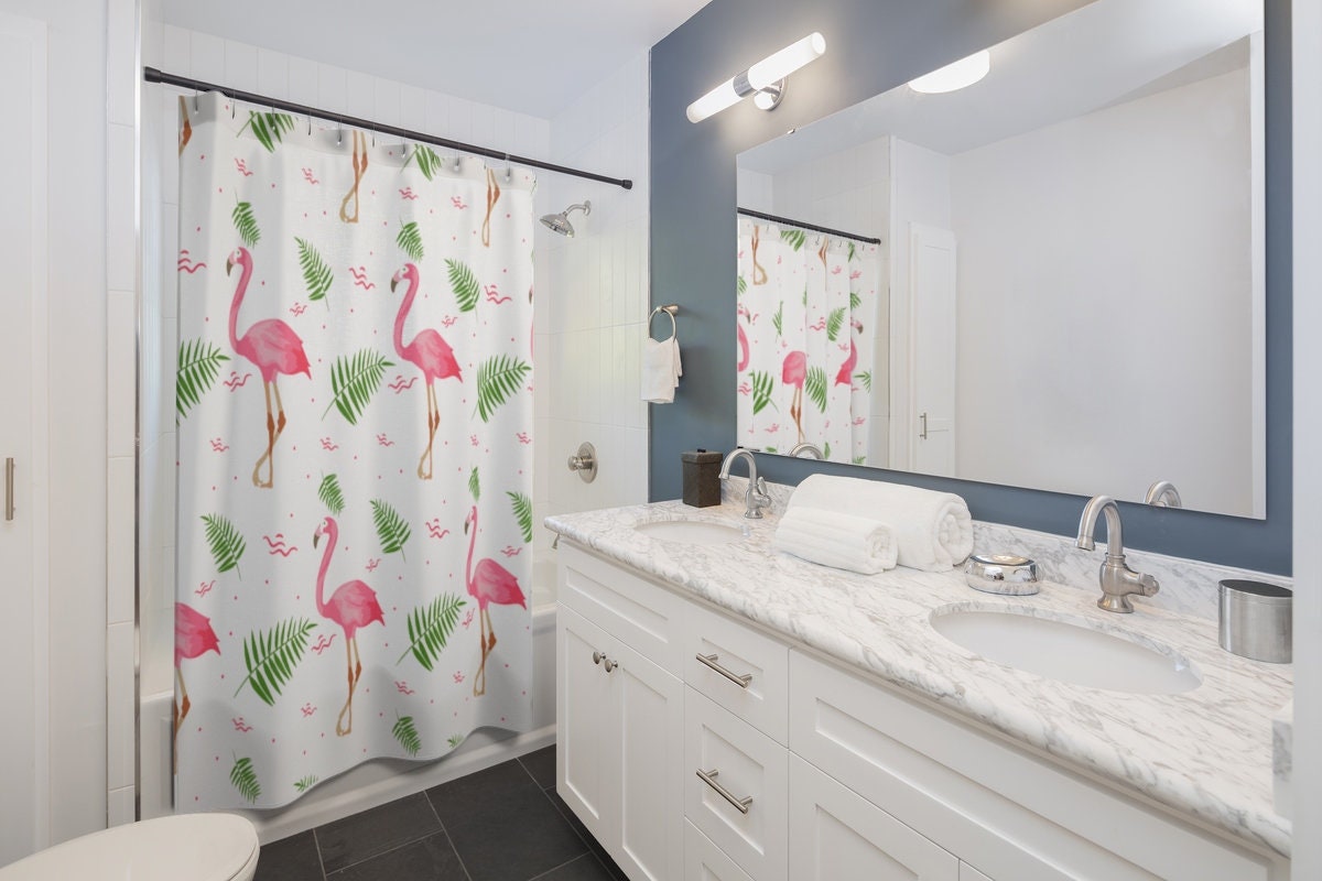 Colorful Zoo Style Shower Curtain With Cute Flamingo Birds, Perfect Bathroom Accessory For Bird Lovers