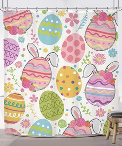 Colorful and Cute Easter Shower Curtain with Rabbit Eggs and Spring Plant Flower Leaves Floral Bunny Cartoon Print 