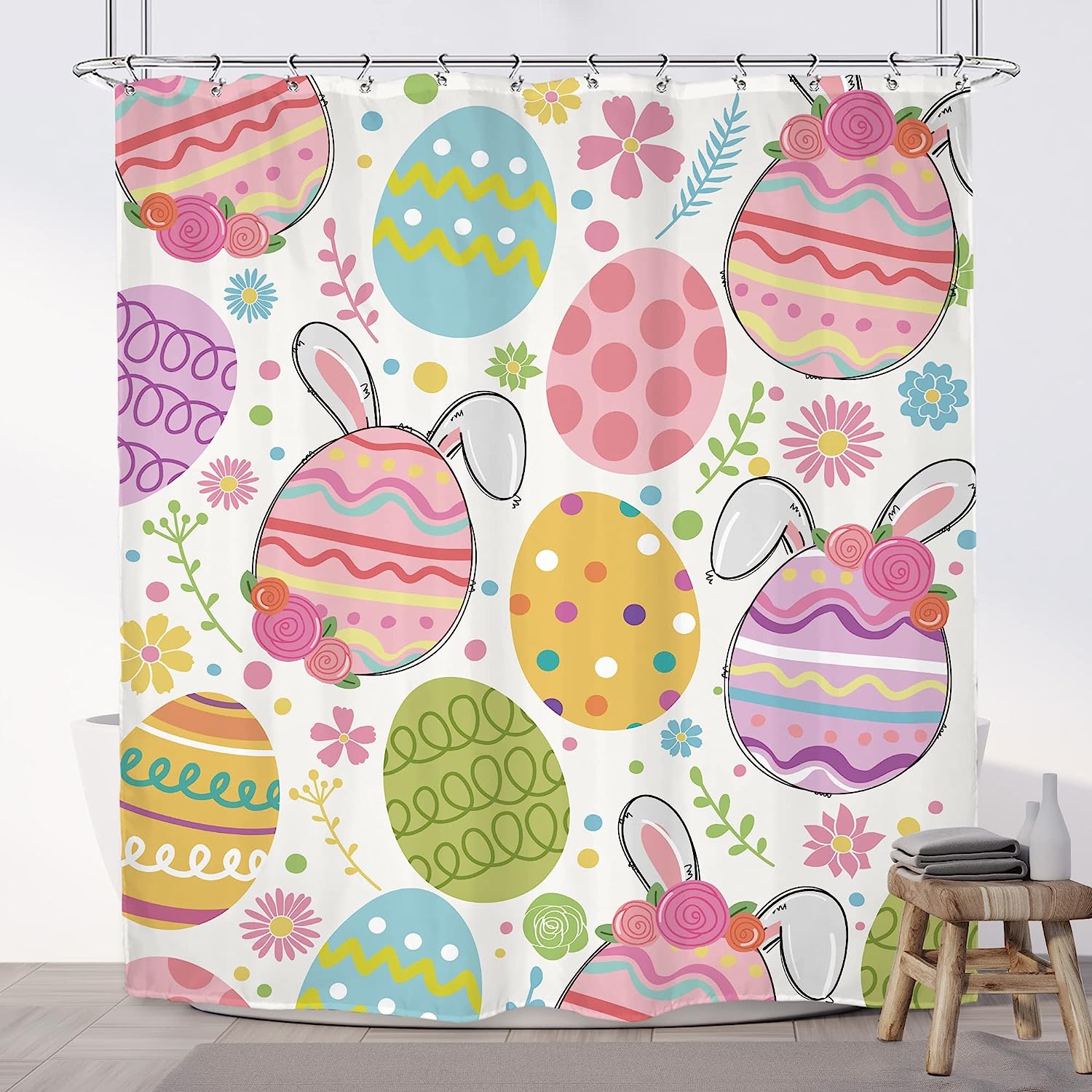Colorful and Cute Easter Shower Curtain with Rabbit Eggs and Spring Plant Flower Leaves Floral Bunny Cartoon Print