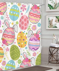 Colorful and Cute Easter Shower Curtain with Rabbit Eggs and Spring Plant Flower Leaves Floral Bunny Cartoon Print