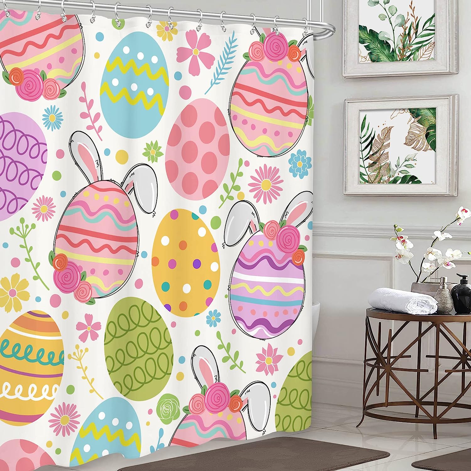 Colorful and Cute Easter Shower Curtain with Rabbit Eggs and Spring Plant Flower Leaves Floral Bunny Cartoon Print