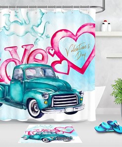 Colorful and Fun Bathroom Set with Valentine's Day Love Hearts Truck Cupid Shower Curtain and Bathroom Decor Mat
