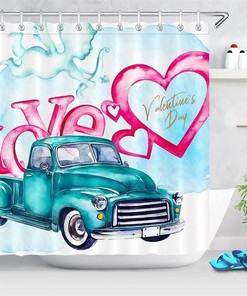Colorful and Fun Bathroom Set with Valentine's Day Love Hearts Truck Cupid Shower Curtain and Bathroom Decor Mat