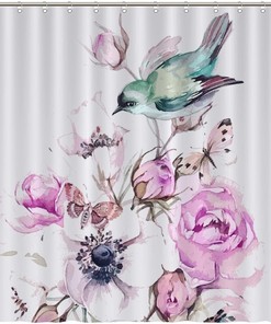 Colorful and Fun Birds and Petals Fabric Shower Curtain for Kids Bathroom