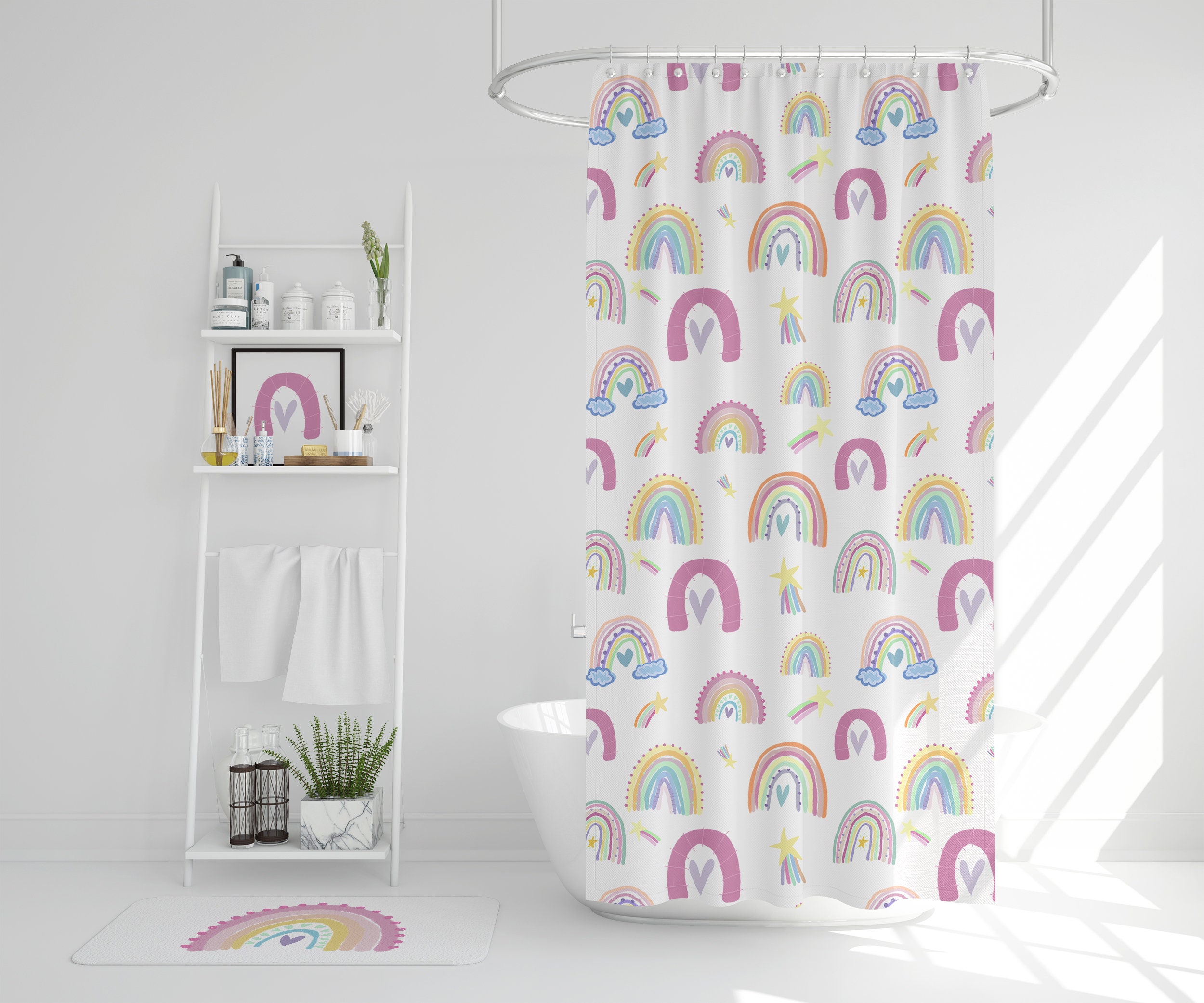 Colorful and Fun Rainbow Shower Curtain for Kids' Bathroom Decor with a Boho Theme