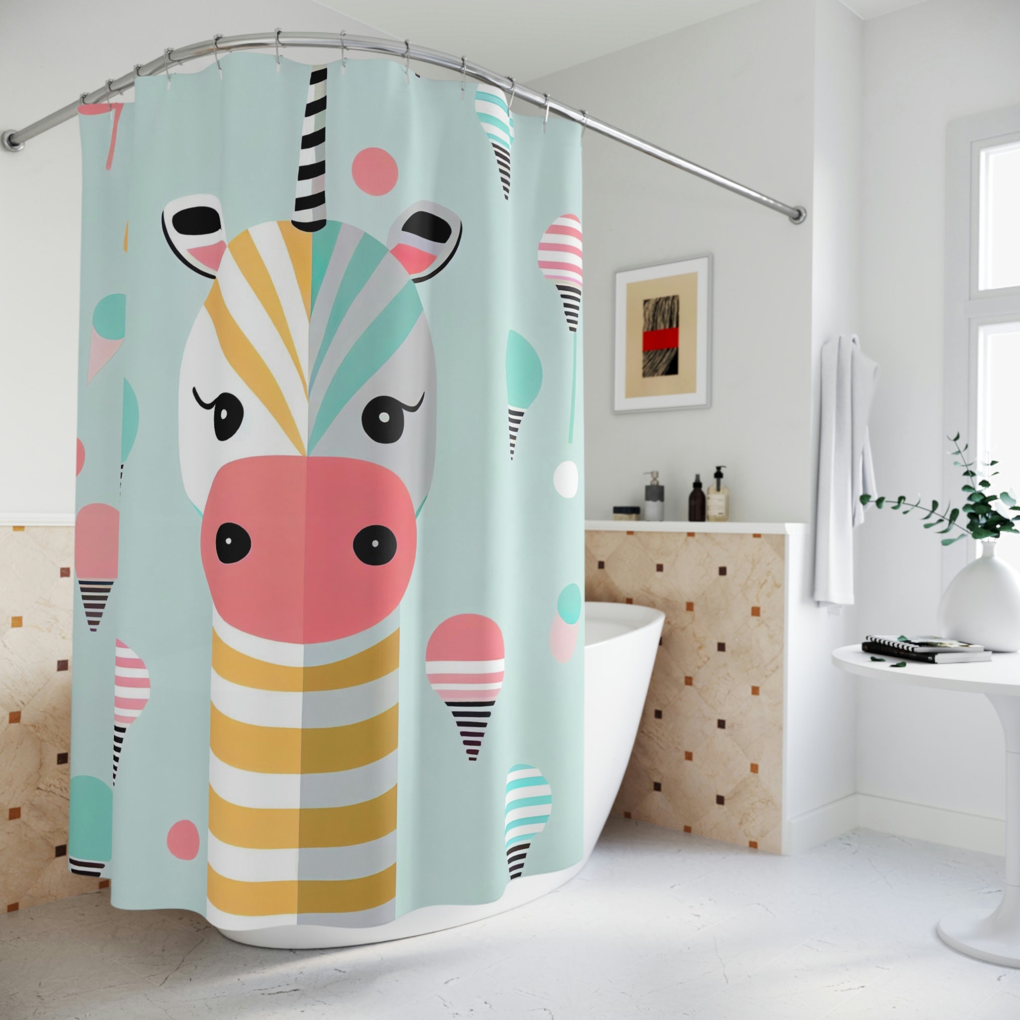 Colorful and Playful Unizebra Shower Curtain for an Unconventional and Fun Bathroom