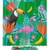 Colorful and Refreshing Shower Curtain with Tropical Palms, Banana Toucan and Pink Flamingos