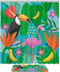 Colorful and Refreshing Shower Curtain with Tropical Palms, Banana Toucan and Pink Flamingos