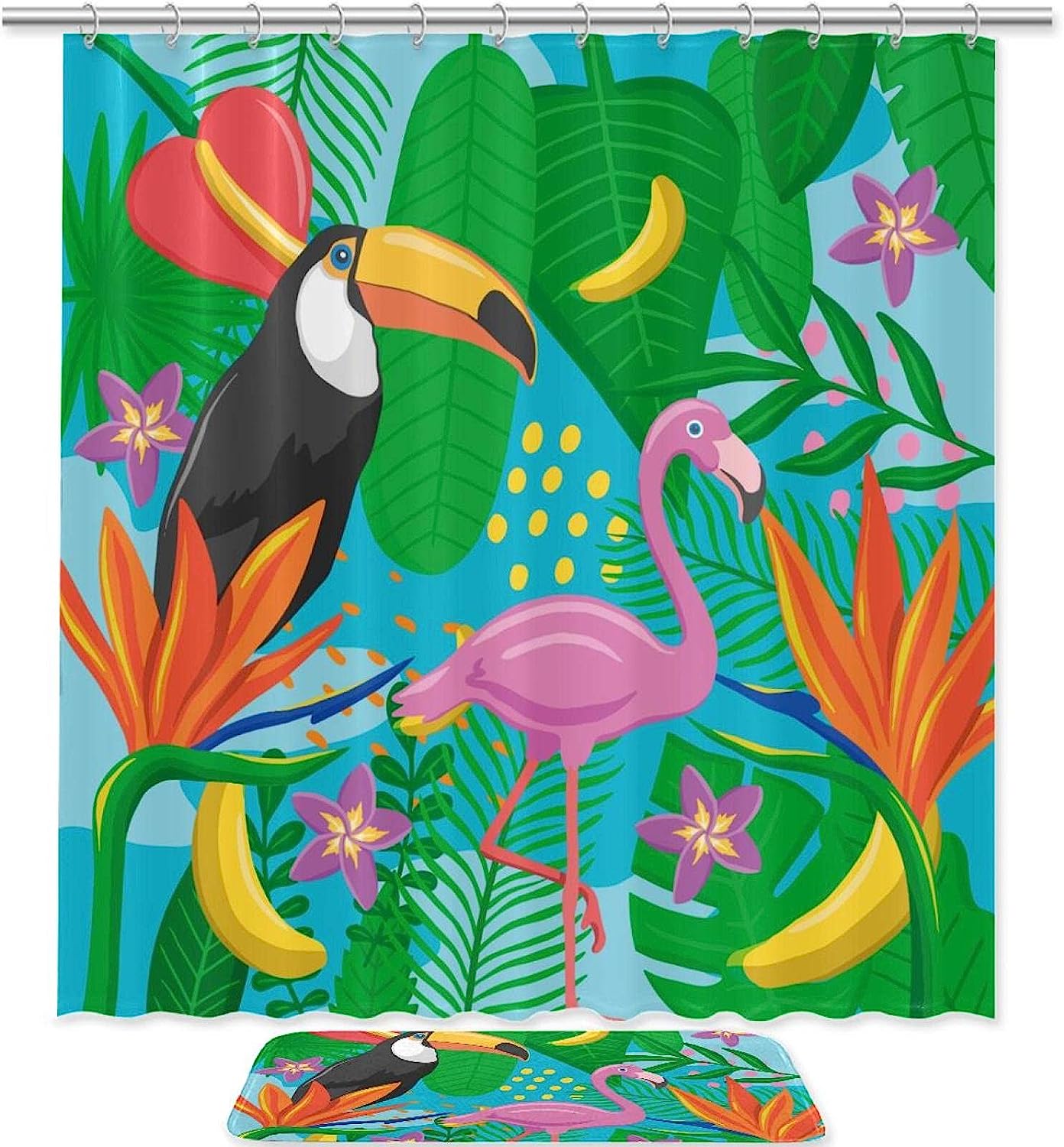 Colorful and Refreshing Shower Curtain with Tropical Palms, Banana Toucan and Pink Flamingos