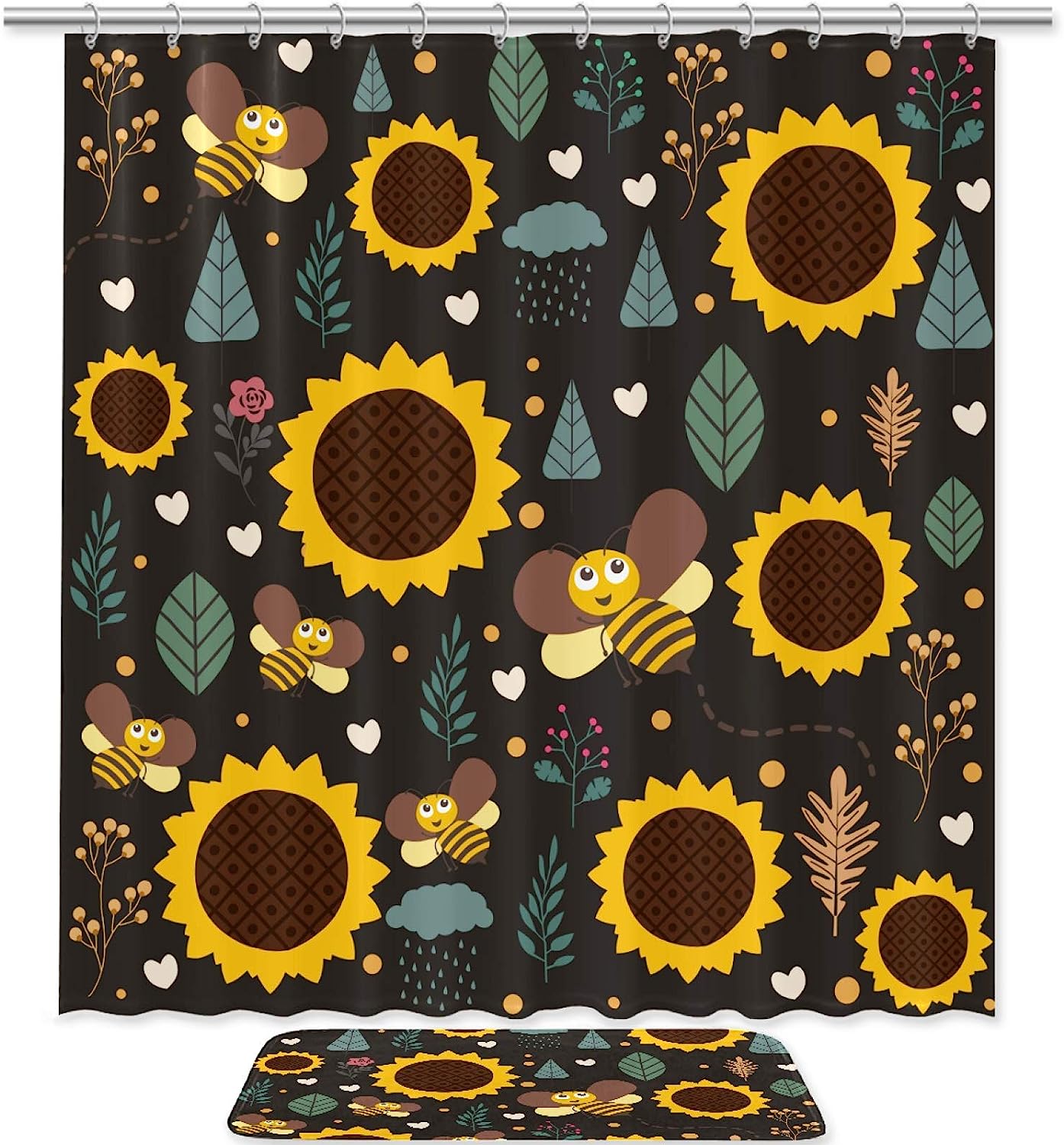 Colorful and Waterproof Sunflower with Bee Shower Curtain for Playful Bathroom Decor