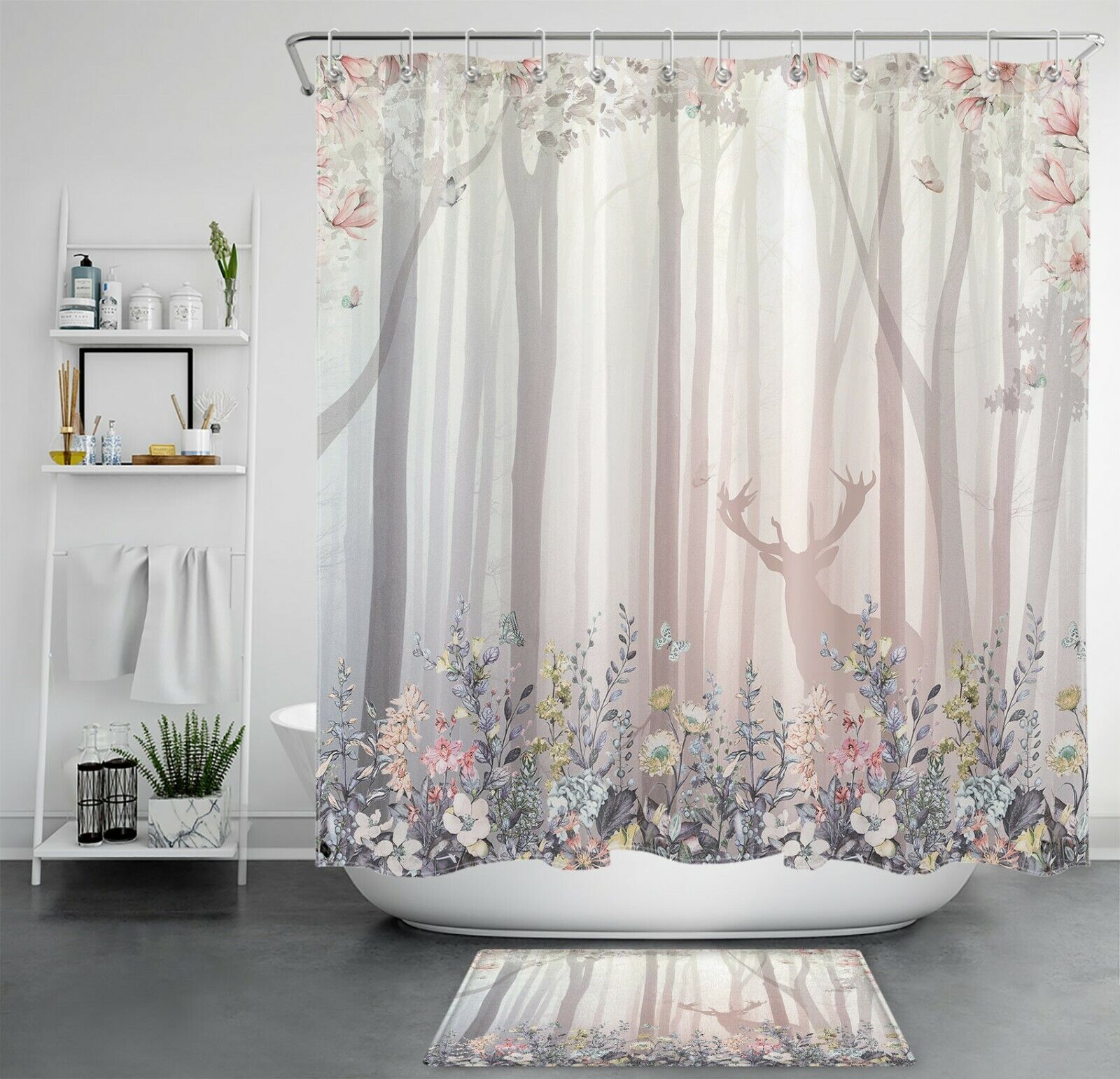 Colourful Flower Forest Animal Elk Shower Curtain For Bathroom Decor - Perfect Addition To Floral Bathroom