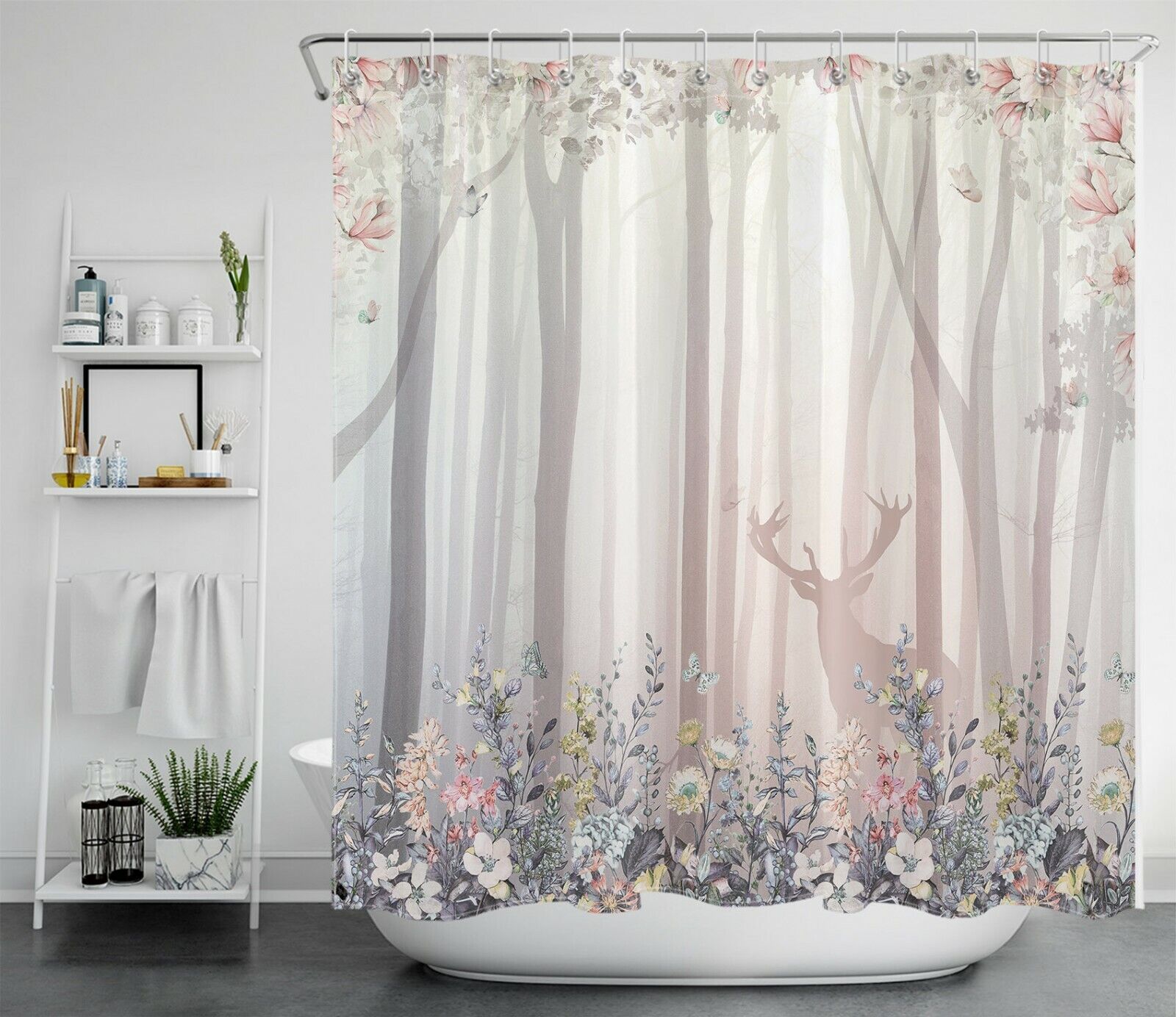 Colourful Flower Forest Animal Elk Shower Curtain For Bathroom Decor - Perfect Addition To Floral Bathroom