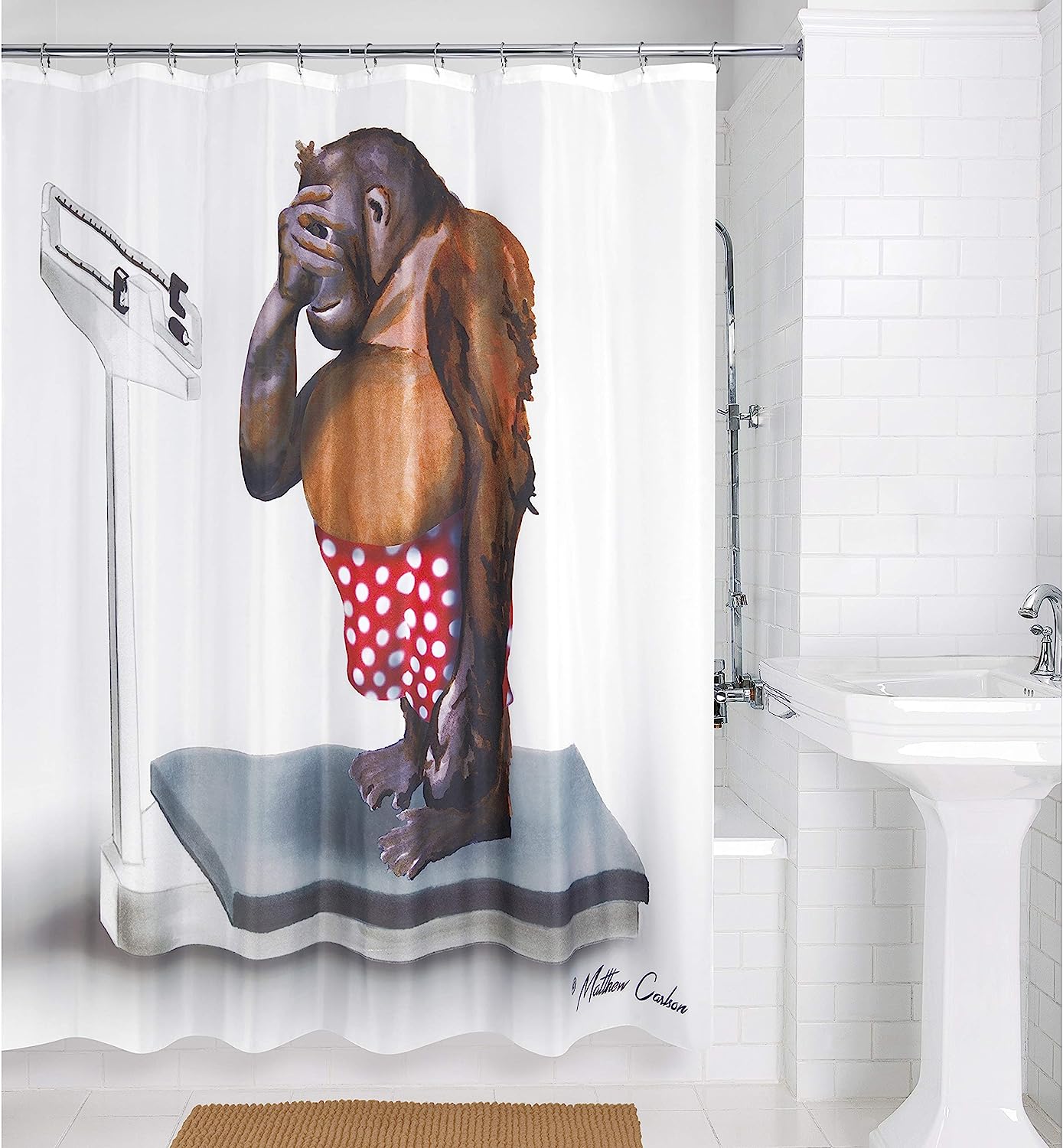 Comical Weight Monkey Shower Curtain - Brown Novelty Bath Accessory