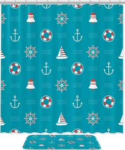 Compass Blue Anchor Lifebuoy Waterproof Shower Curtain Bathroom Decor