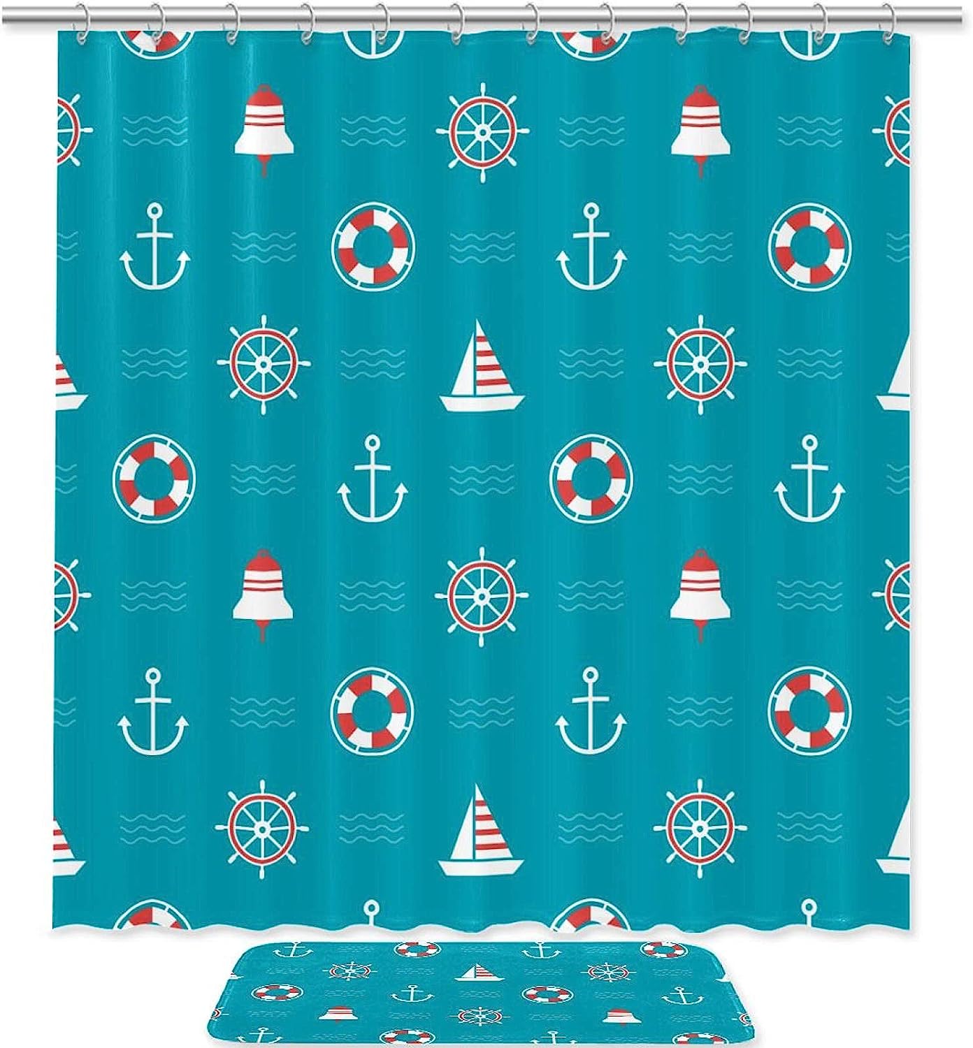 Compass Blue Anchor Lifebuoy Waterproof Shower Curtain Bathroom Decor