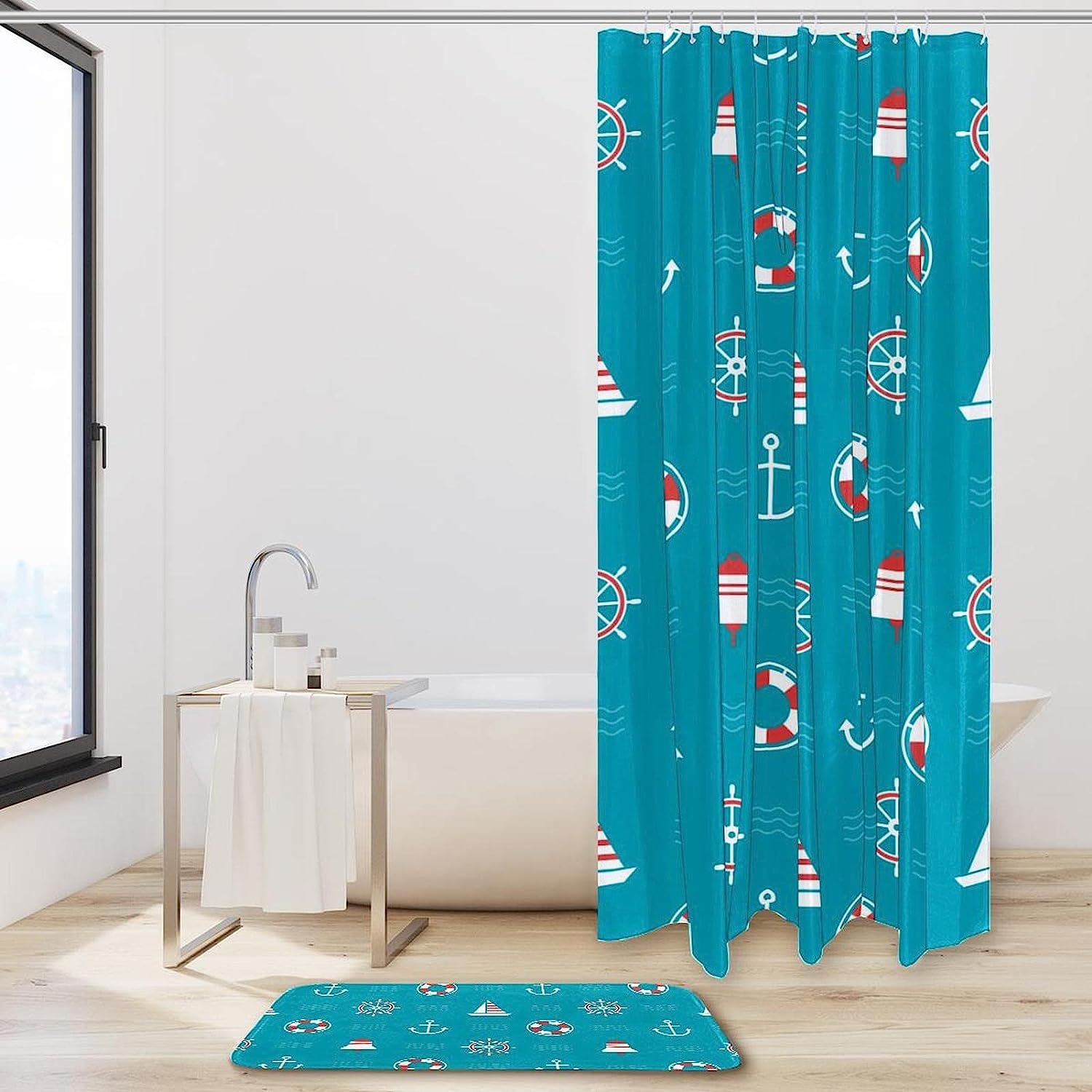 Compass Blue Anchor Lifebuoy Waterproof Shower Curtain Bathroom Decor - Image 2