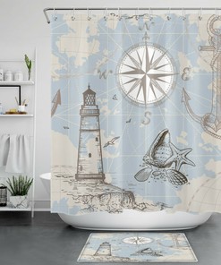 Compass Lighthouse Anchor Ocean Nautical Theme Shower Curtain 