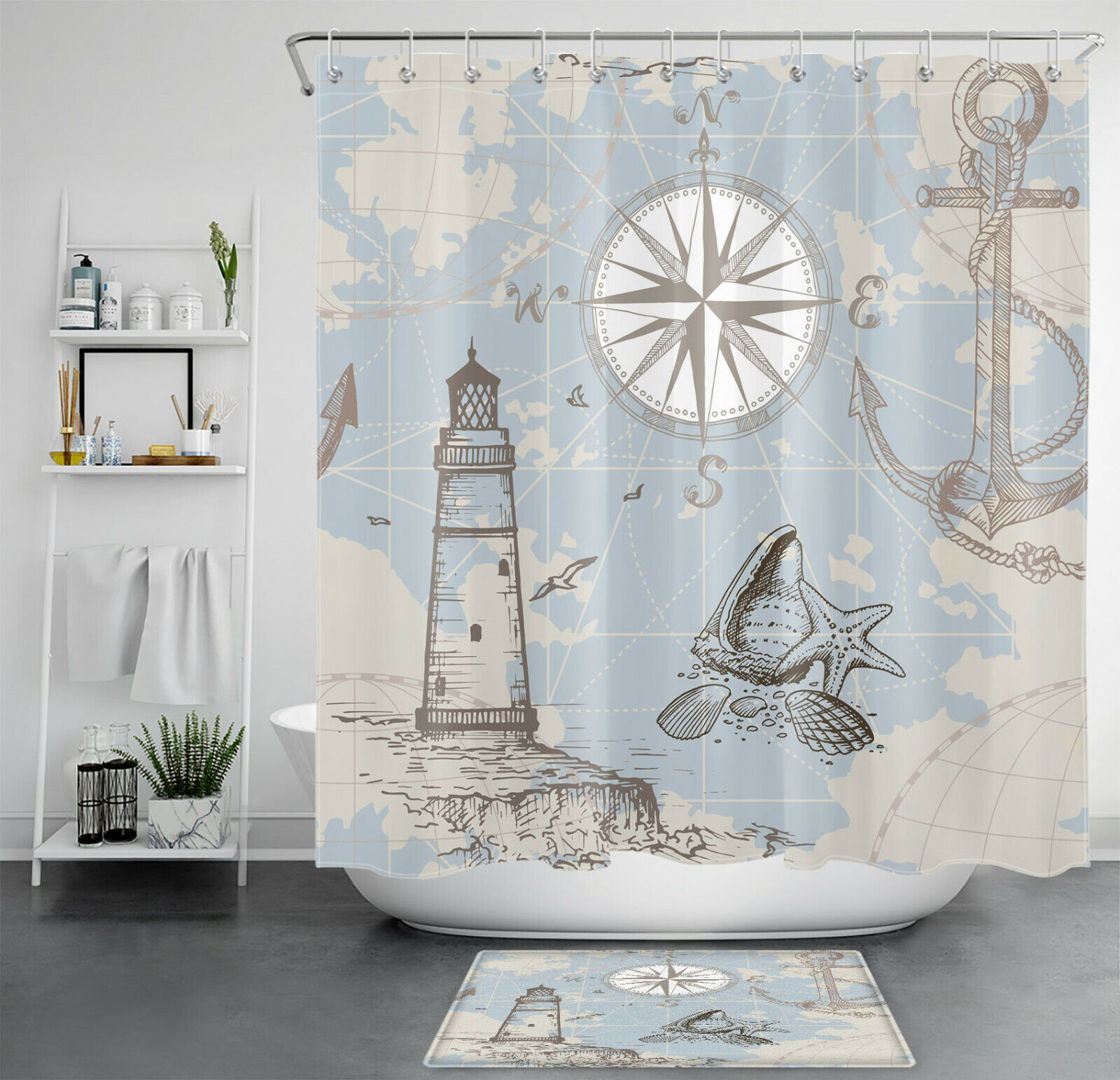 Compass Lighthouse Anchor Ocean Nautical Theme Shower Curtain