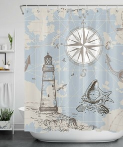 Compass Lighthouse Anchor Ocean Nautical Theme Shower Curtain