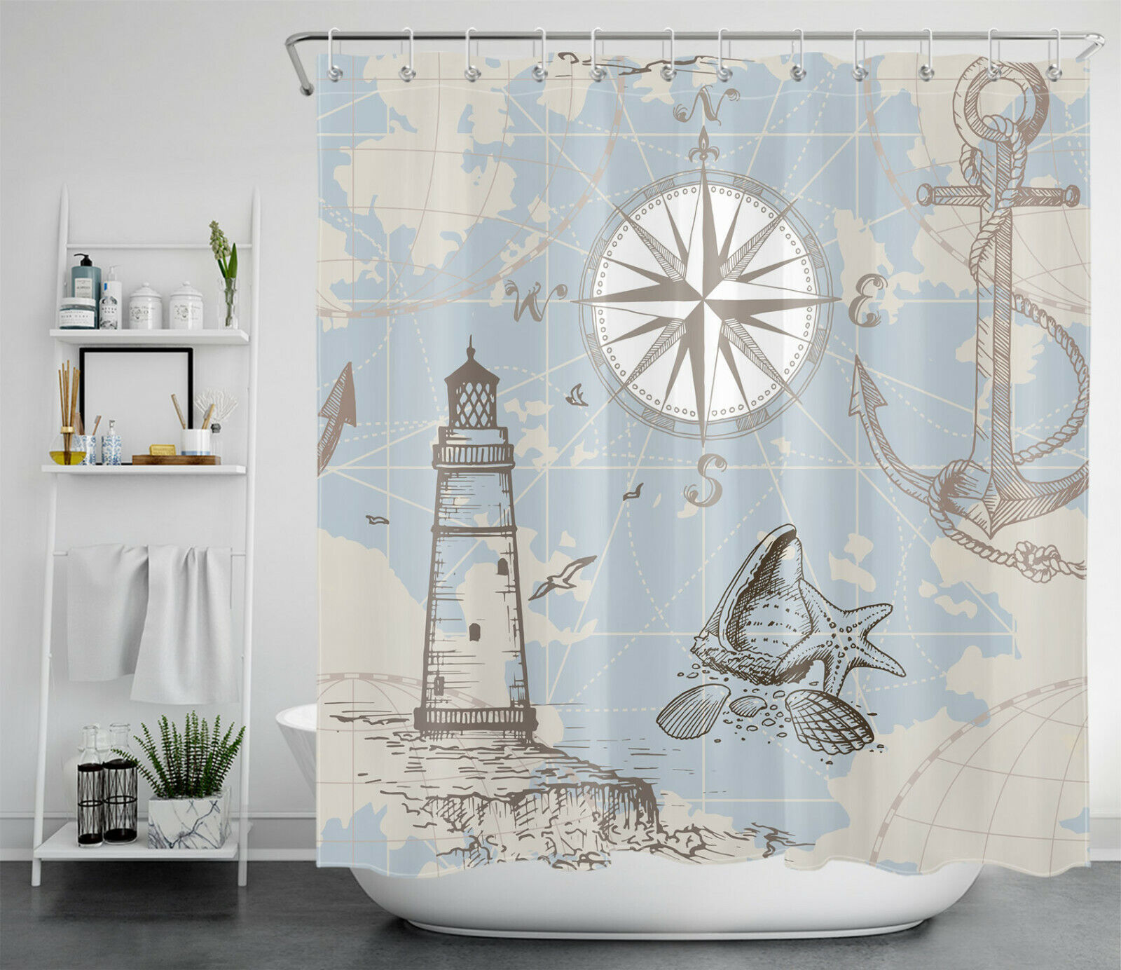Compass Lighthouse Anchor Ocean Nautical Theme Shower Curtain