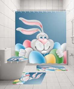 Complete Cartoon Easter Rabbit Bath Waterproof Shower Curtain Lids Set For Your Bathroom