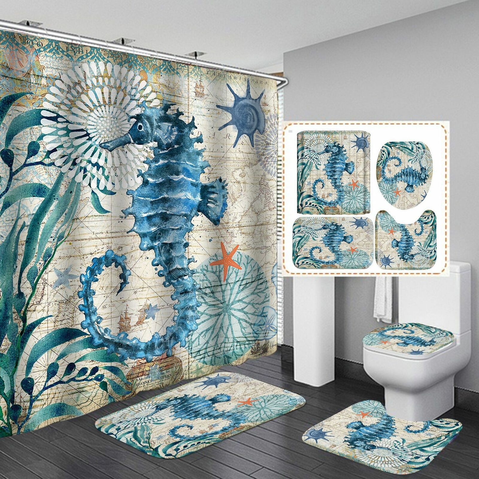 Conch and Seahorse Shower Curtain for Soothing Bathroom Decor