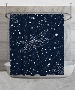 Constellations And Stars Dark Blue Shower Curtain, Celestial Dragonflies Bathroom Decor