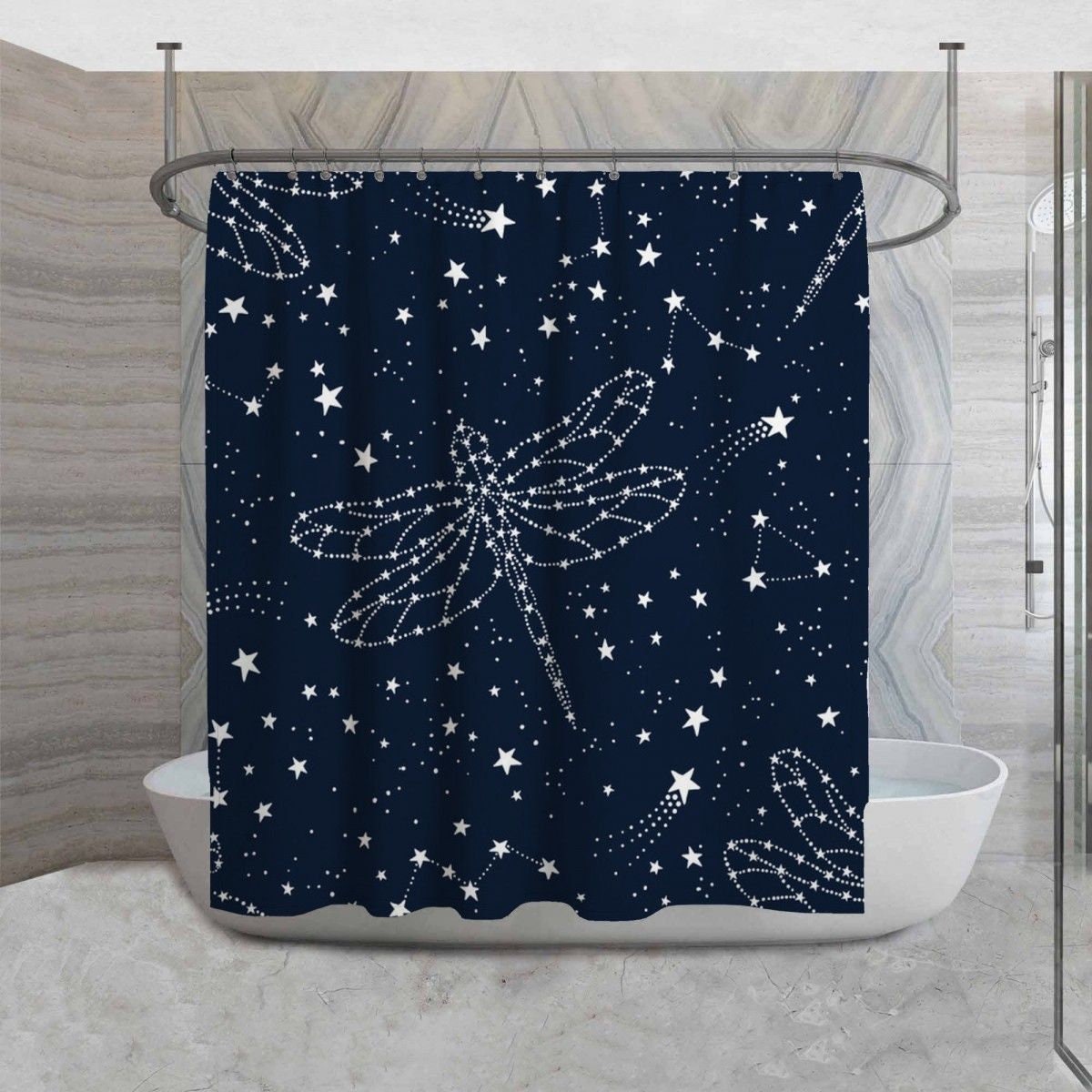 Constellations And Stars Dark Blue Shower Curtain, Celestial Dragonflies Bathroom Decor