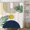 Contemporary Abstract Boho Mid Century Shower Curtain With Beige And Blue Sun And Modern Leaf Designs