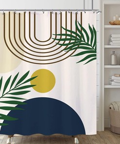 Contemporary Abstract Boho Mid Century Shower Curtain With Beige And Blue Sun And Modern Leaf Designs