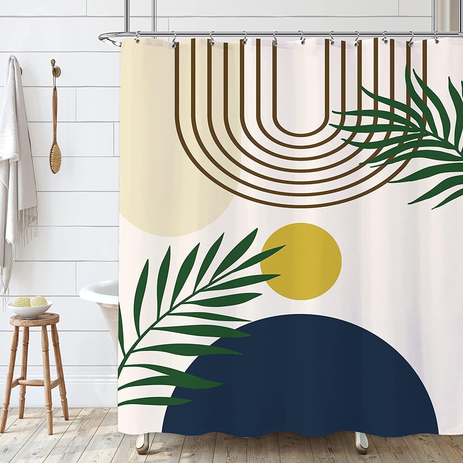 Contemporary Abstract Boho Mid Century Shower Curtain With Beige And Blue Sun And Modern Leaf Designs - Image 2