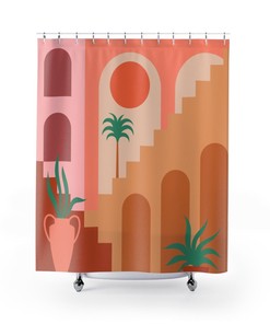 Contemporary Aesthetic Background Mid Century Modern Abstract Shower Curtain with Geometric Architecture Design