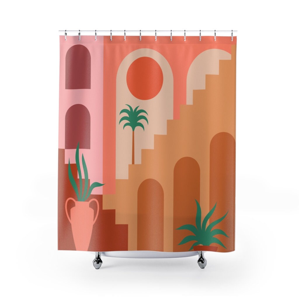 Contemporary Aesthetic Background Mid Century Modern Abstract Shower Curtain with Geometric Architecture Design