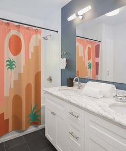 Contemporary Aesthetic Background Mid Century Modern Abstract Shower Curtain with Geometric Architecture Design