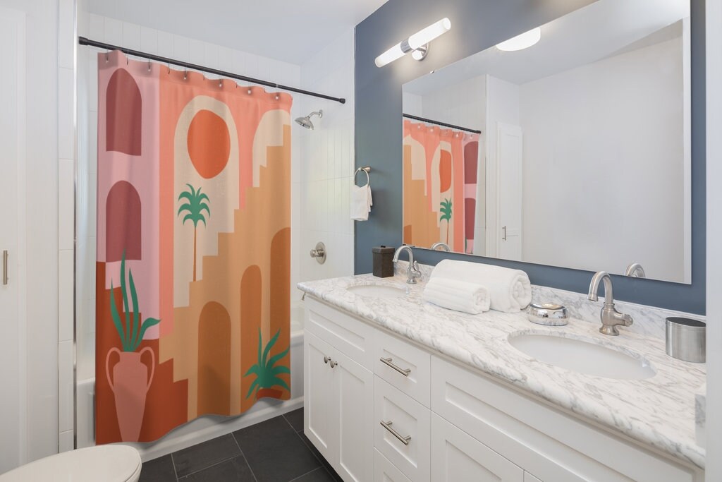Contemporary Aesthetic Background Mid Century Modern Abstract Shower Curtain with Geometric Architecture Design