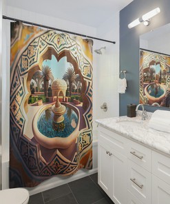 Contemporary Art Moroccan Shower Curtain, Fountain Garden Scene, 8K Resolution, Printed To Order