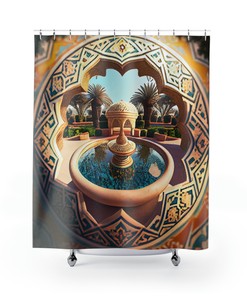 Contemporary Art Moroccan Shower Curtain, Fountain Garden Scene, 8K Resolution, Printed To Order