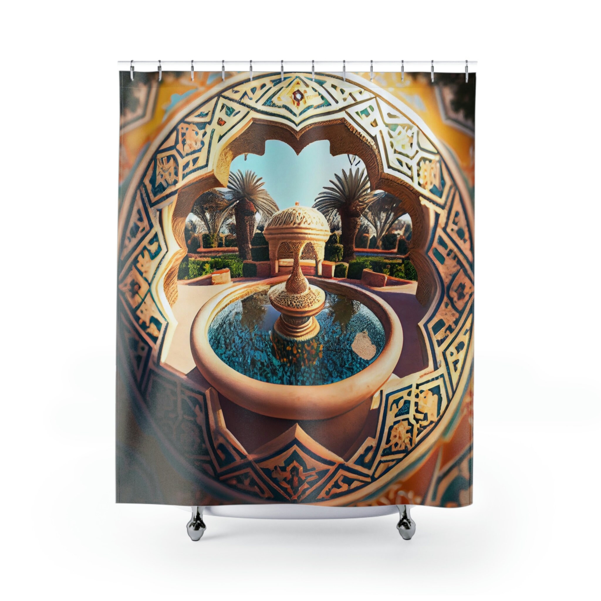 Contemporary Art Moroccan Shower Curtain, Fountain Garden Scene, 8K Resolution, Printed To Order