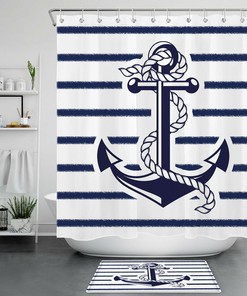 Contemporary Nautical Theme Navy Blue White Striped Anchor Shower Curtain Bathroom Decor - Perfect for Marine Lovers
