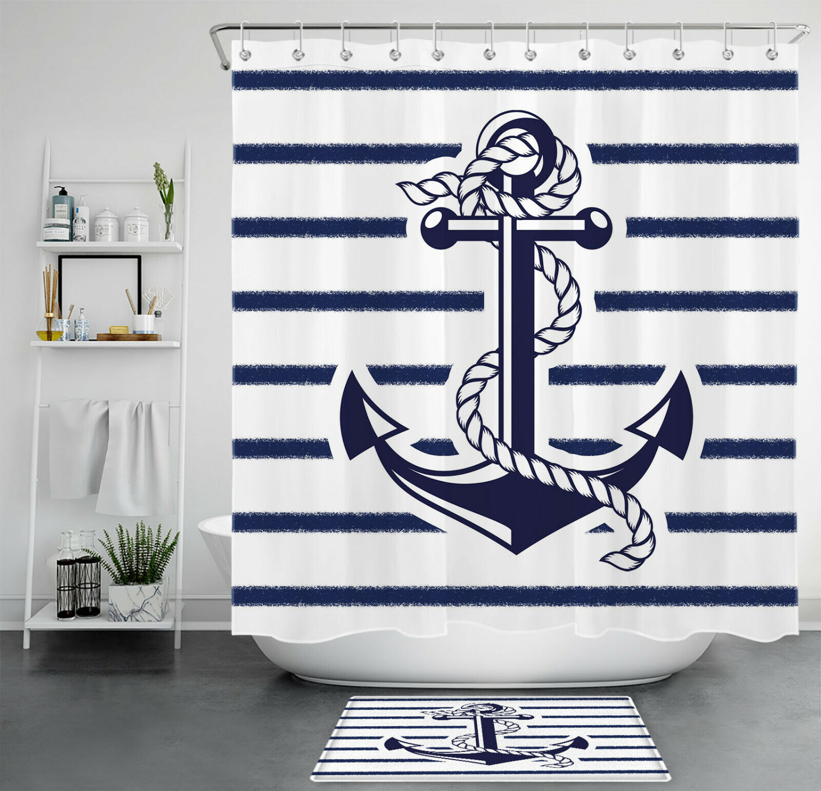 Contemporary Nautical Theme Navy Blue White Striped Anchor Shower Curtain Bathroom Decor - Perfect for Marine Lovers