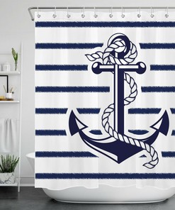 Contemporary Nautical Theme Navy Blue White Striped Anchor Shower Curtain Bathroom Decor - Perfect for Marine Lovers