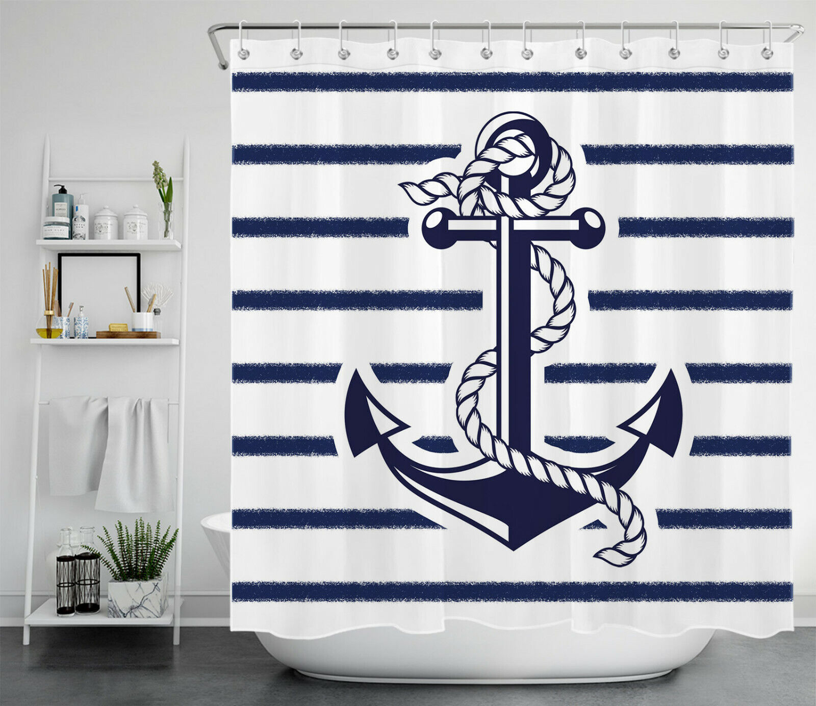 Contemporary Nautical Theme Navy Blue White Striped Anchor Shower Curtain Bathroom Decor - Perfect for Marine Lovers