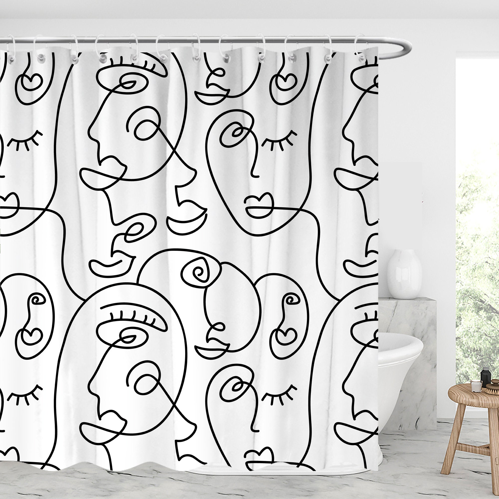 Contemporary Woman Body Shower Curtain - Minimalist Geometric Shapes and Leaves Design